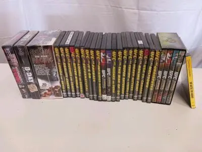 UFC 44–66 MMA Event DVD Collection + 4-Disc Box Set & WWII Documentary Lot (~30 Total DVDs)