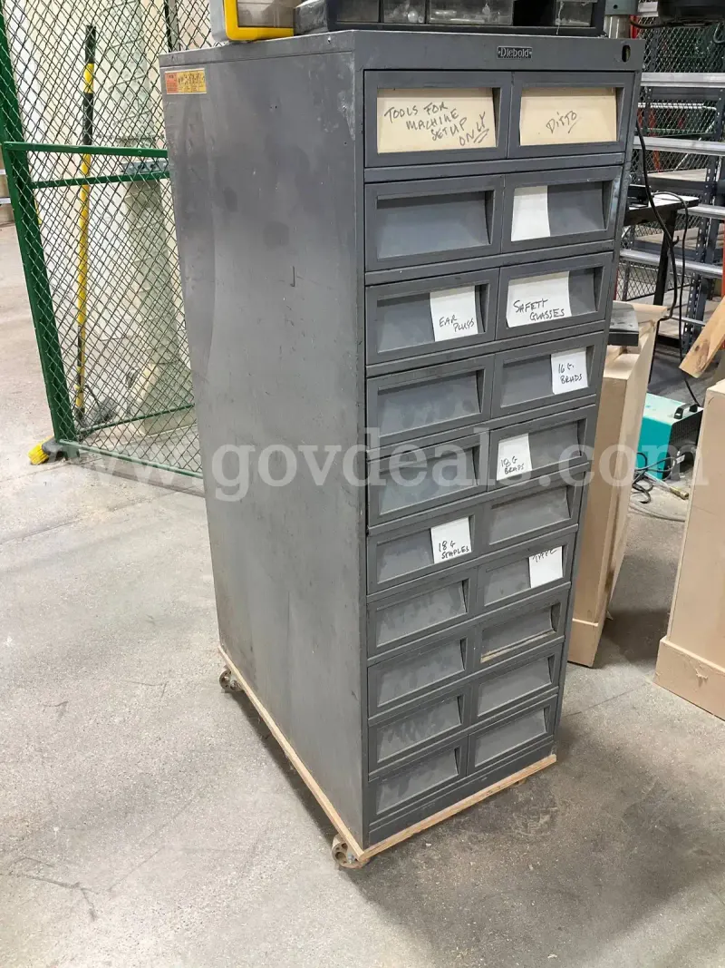 Diebold Vintage Industrial Multi-Drawer Metal Parts Storage Cabinet w/ Caster Base