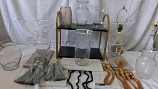 Collection of 7 Decorative Glass Vases, 1 Lamp Base, 6 Gold & 6 Silver Tassels.