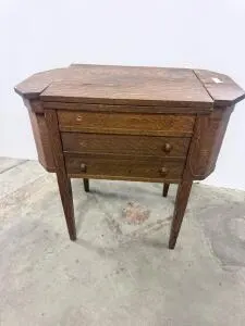 Antique Oak Sewing Machine Cabinet Table, 3 Drawers, Side Wings, ~34"x19"x31"