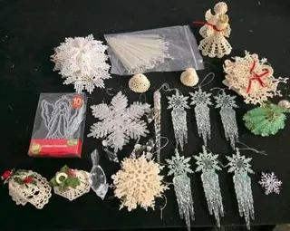 Assorted Christmas Decorations Lot: 50+ Items, Tree Toppers, Ornaments, Hangers, Snow Globe
