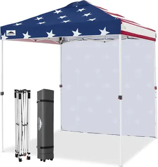 EAGLE PEAK 6.6x6.6 Pop Up Canopy Tent with 1 Sidewall, American Flag | Easy Up Outdoor Canopy, PeakPush™ Center Lock Heavy Duty Instant Event Tent for Parties, Vendors & Sports, Wheeled Carry Bag