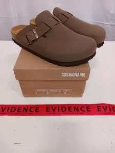 Cushionaire HANA Brown Nubuck Slip-On Clogs, Size 8M, Adjustable Buckle, Cork Footbed