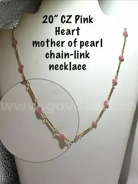 Stunning, 20 Inch, 24kt Gold Filled, CZ Pink Heart, Mother Pearl Necklace