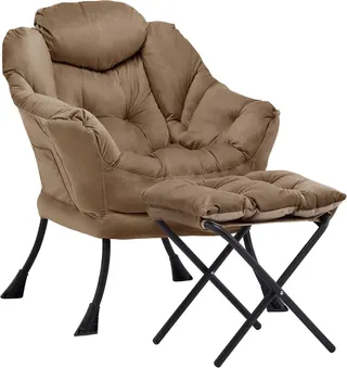 Lazy Chair with Ottoman, Comfy Reading Chair, Brown | Cushioned Seat with Foldable Ottoman and Side Pocket, Lounge Chair for Bedroom, Living Room, Dorm and Small Spaces
