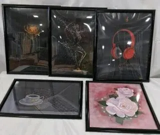 Framed Mixed Media String Art Collection: Dancer, Flowers, Headphones, Coffee, Set of 5, 16"x20"