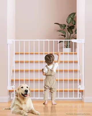 Cumbor 34" Extra Tall No Bottom Bar Baby Gate for Stairs, 29.2-43" Dog Gate | Hardware Mounted, Expandable Extra Tall Safety Gate for Larger Pets, Dual Lock Pet Proof, Easy Walk-Thru for Access (White)