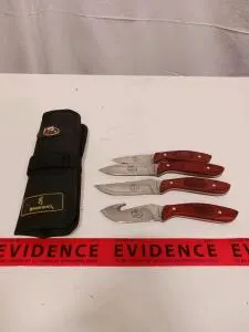 Browning RMEF 4-Piece Hunting Knife Set, Satin Stainless, Laminated Wood Handles, Nylon Case