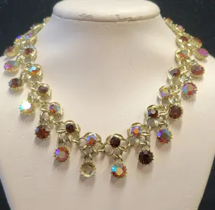 Vintage Aurora Borealis Red Rhinestone Bib Necklace, Gold-Tone, Hook Clasp, Adjustable Length