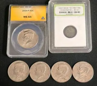 Kennedy Half Dollar Lot: 1972, 1974, 1977, 1995, 2004-P MS65 ANACS, Ancient Roman Coin Constantine Era