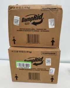 (2) DampRid FG30FFESBAM Moisture Absorber Refill, Fragrance Free, 4 x 2 lb 10 oz, 1 Case, UPC 075919304303