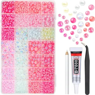 qiipii 28 Types Pink Flatback Pearls w B7000 Jewelry Glue for Bedazzling Crafting 3mm 4mm 5mm 6mm 8mm 10mm Flatback Colorful Pink AB Half Pearls Charms for Face Eyes Makeup DIY Crafts Tumblers Bottles