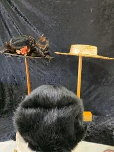 Vintage Edwardian Feathered Hat, Straw Boater & Black Fur Muff, Early-Mid 20th Century