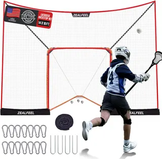 ZEALFEEL Lacrosse Backstop Net 14x10FT, Extra-Large Shooting Coverage | 4-Strand Tear-Resistant Netting, 14mm Foam-Wrapped Fiberglass Poles, Sandbag & Stakes (Lacrosse Goal NOT INCLUDED)