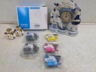 Vintage Blue and White hand painted time piece, New printer ink, and snowman salt and pepper shaker.