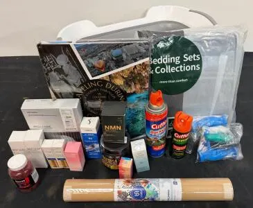 Mixed Lot: Bedding, Books, Supplements, Insect Sprays, Skincare & More w/ Large Basket