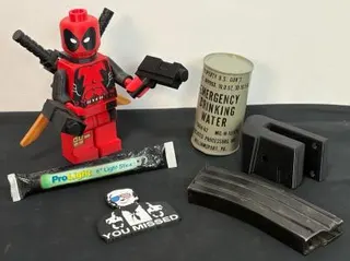 Deadpool LEGO Statue, AR-15 Magazine, Emergency Water Can, ProLight Stick, Patch & More Lot