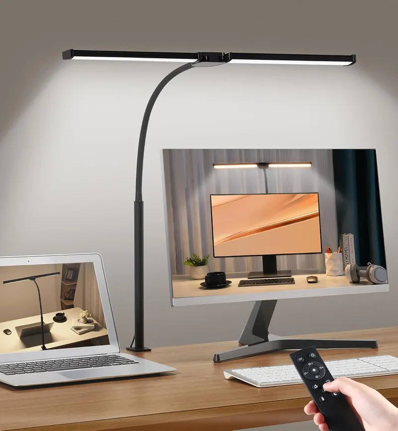 Motumen Led Desk Lamp for Home Office, Eye-Care Desk Light Clamp, Black | Smart Double Head Computer Monitor Table Clip Lamp, Adjustable Flexible Goose-Neck, 25 Lighting Models, Task Lamp