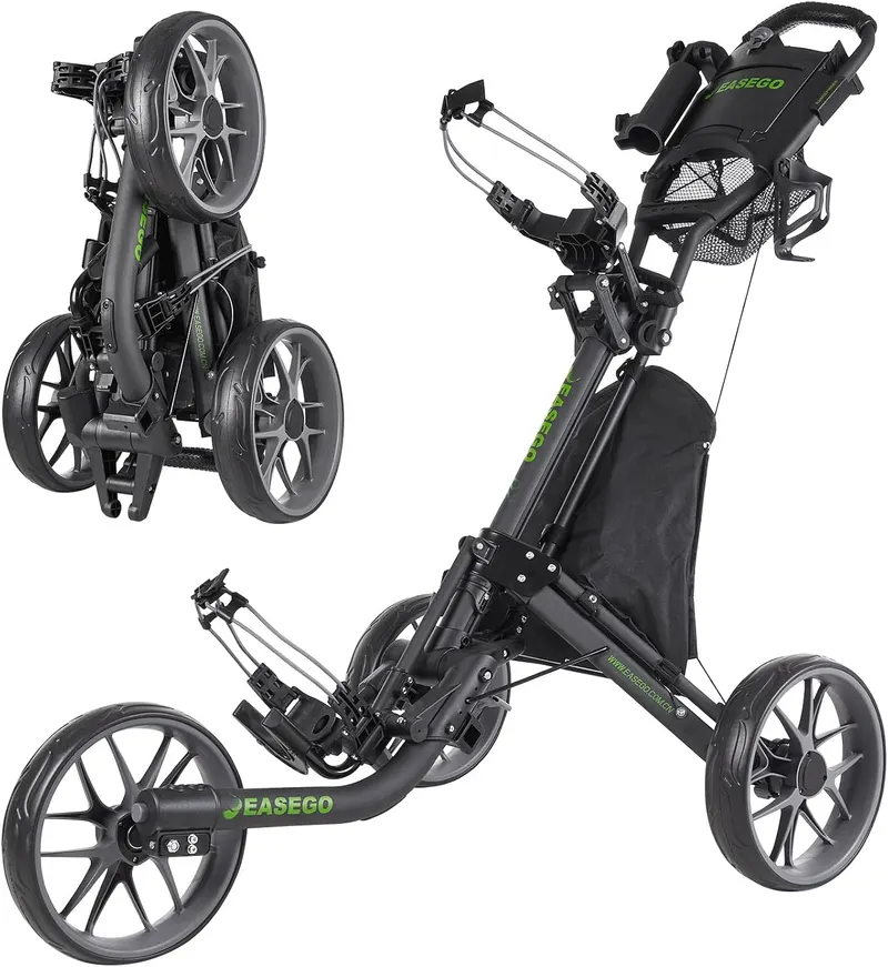 EASEGO Golf Push Cart 3 Wheel : Golf Bag Cart Foldable with Phone Holder/Cup/Umbrella Holder Compact Golf Pull Carts Quick Fold Golf Caddy Push Carts with Large Wheelbase for Different Terrain