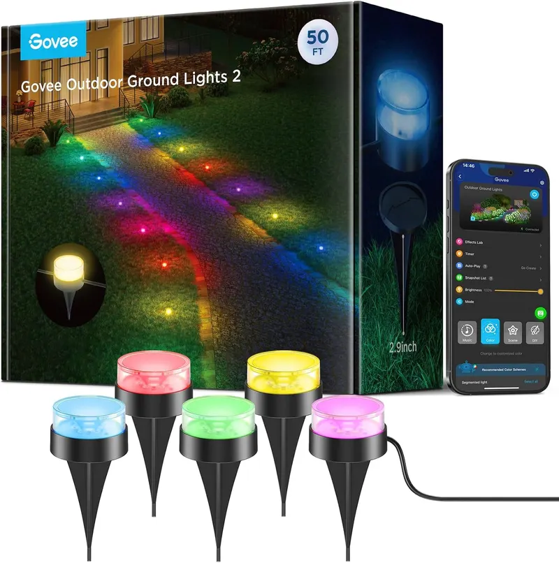 Govee Outdoor Ground Lights 2, 50ft Patio Decorations, 15 Pack | RGBIC Pathway Lights With 100LM Warm White, IP67 Waterproof, 63 Scene Modes, Works With Alexa, Google Assistant