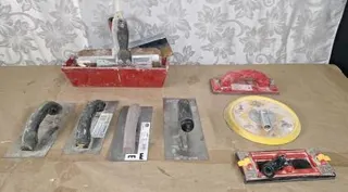 (4) Assorted Trowles, (4) Assorted Putty Knives, (2) Pole Sander Heads & (1) Hand Sander