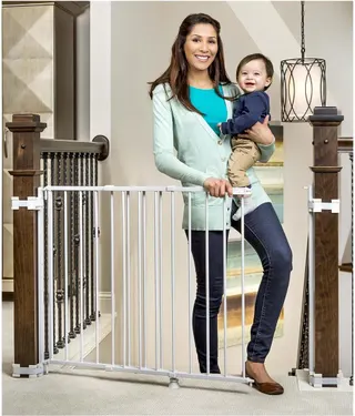 Regalo Safety 29-43" Top of Stairs Baby Gate, Extra Wide Baby Gate, Extra Wide Hardware Mounted Stair Gate with Banister & Wall Mount Kit, Walk-Through Safety Gate with Door for Toddlers & Pets