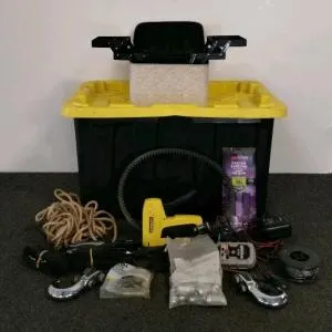 Makeup Lot with Butterfly Train Case – 20+ Items, Urban Decay, MAC, Maybelline HDX 27-Gallon Storage Tote with NOCO G750 Charger, Stanley Staple Gun, Craftsman Stud Finder, Tools (section A)
