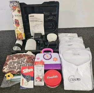 Chaplin Dress Shirts 5XL, Krebs 40T Paint Sprayer (Tested, Works), Bacardi & Campbell’s Tins, Novelty Items