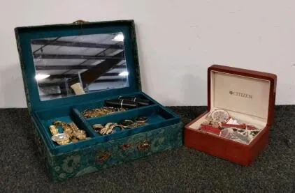 Assorted Jewelry: Citizen Watch, 6 Watches, Necklaces, Bracelets, Earrings, 2 Jewelry Boxes