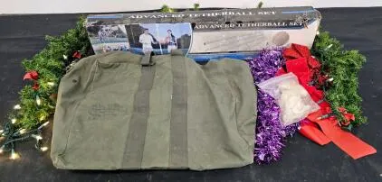 US Military Flyers Kit Bag 11-1-302, Industries for the Blind, 1981, Olive Drab Canvas, 24"x18"x13", Advanced Tether Ball Set in Box, Christmas Garland w/ Lights, Purple Garland, Christmas Angel, Christmas Bows