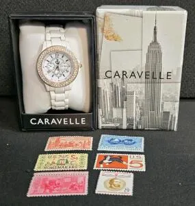 Caravelle Women’s White Enamel Quartz Watch, Crystal Bezel, Boxed, Analog Sub-dials, Collectible Stamps
