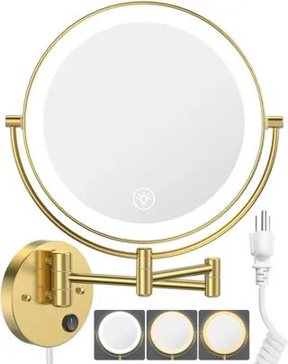 9" Wall Mounted LED Makeup Mirror, 1X/10X Magnifying Mirror Corded, Gold | Large Size, Plug-in, Not Battery Operated, 2-Sided Vanity Mirror, Extended Arm, 3 Color Lights, 360° Swivel, Touch Dimmable