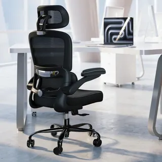 TRALT Ergonomic Office Chair Desk Chair with Adjustable Lumbar Support | Home Office Desk Chairs with Flip-up Armrests & 3D Headrest - Mesh Gaming Chairs for Adults, 330lbs, PU Leather (Black, 1)