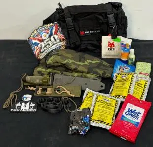 Fox Tactical Jumbo Deployment Bag Survival Kit, 2 Knives, Fire Starter, Mayday Water, Camo Mittens