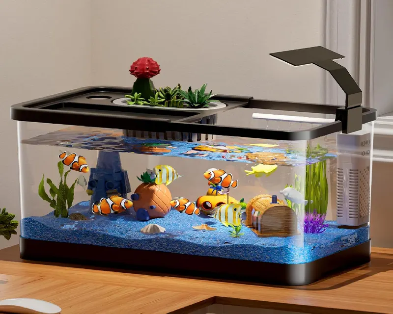 5.3 Gallon Fish Tank, Betta Fish Tank, Starter Kit, Aquarium for Beginner | LED Full Spectrum 3 Color Light, 3 Modes Filter, Hydroponic Basket, Fishing Net, Shells, Aquatic Plant, Coral, Pebbles