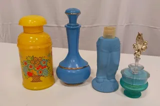Set of 4 Vintage Decorative Perfume Bottles – Floral, Blue Glass, Bird Stopper, Novelty Legs Design