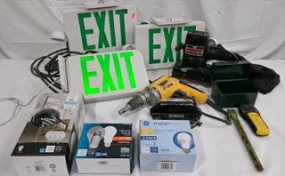 Mixed Lot: LED Exit Signs, Craftsman Sander, DEWALT Screw Gun, LED Bulbs, Tools (all tested)