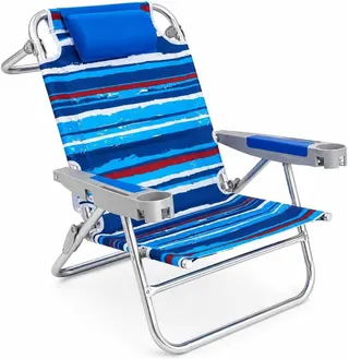 SUNNYFEEL XL 28" Extra Wide Beach Chair for Adults,Low Backpack Beach Chair | 5-Position Lay Flat Reclining, 500 lb Heavy Duty Folding Chair with Pillow & Cup Holder, Darkblue Stripe