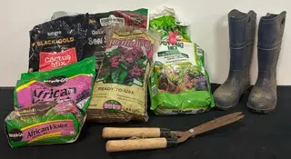 Garden Supply Bundle: Rubber Work Boots (Men 8/Women 10), Hedge Shears, 6 Soil Potting Mixes