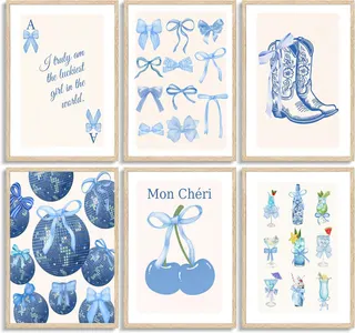 Blue Coquette Preppy Poster Wall Art,6 Pcs Aesthetic Painting Picture Wall Decor,Cowboy Boots Disco Ball Cocktail Cherry Canvas Print Artwork,for Girls Bedroom Dorm Room Home Decoration Unframed