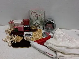 Large Christmas Decor Set: Stockings, Santa Hats, Ribbons, Tins, Ornaments, Candle Holders and Vases