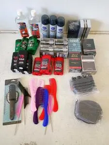 Men’s Grooming Bundle: Deodorant, Shaving Cream, Soaps, 6 Colognes, Hair Gel, Combs, Pouches