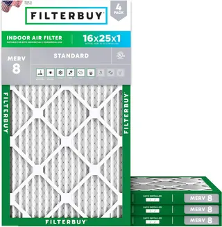 Filterbuy 16x25x1 Air Filter MERV 8 Dust & Allergy Defense (4-Pack) | Electrostatic Pleated HVAC AC Furnace Filters Replacement, Made in USA (Actual Size: 15.50 x 24.50 x 0.75)