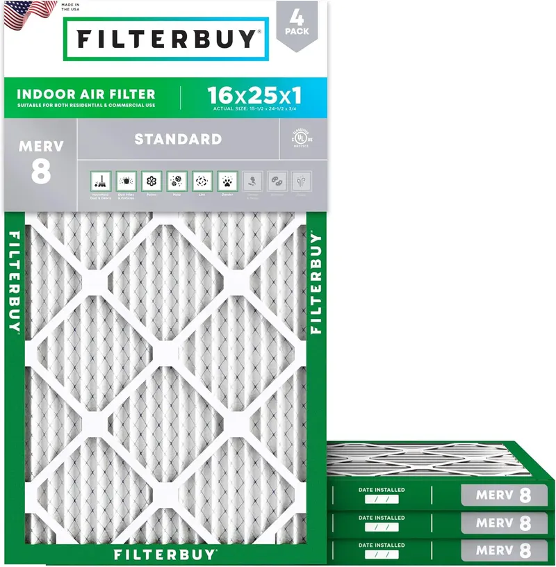 Filterbuy 16x25x1 Air Filter MERV 8 Dust & Allergy Defense (4-Pack) | Electrostatic Pleated HVAC AC Furnace Filters Replacement, Made in USA (Actual Size: 15.50 x 24.50 x 0.75)