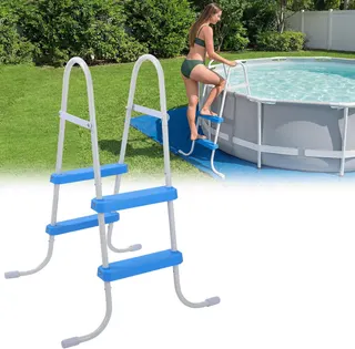 Threlaco 33 Inch Above Ground Pool Ladder 2 Step Steel Frame Swimming Pool Entry Exit Ladder Non Slip Metal Frame Steps, Weight Capacity 300lbs(White and Blue)