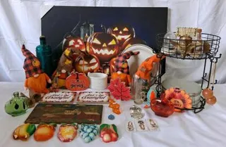 Large Fall & Halloween Decor Lot: Plush Gnomes, Signs, Wall Art, Glassware, Storage Bin