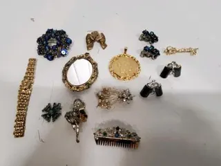 Vintage Costume Jewelry Lot – Brooches, Clip-on Earrings, Bracelet, Pendant, Jeweled Hair Comb