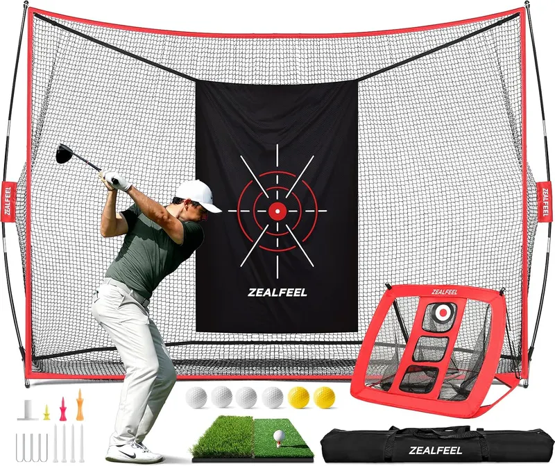 ZEALFEEL Golf Net, 10 x 7 ft Hitting Practice Set with Chipping Net | Foldable Mat, Silk Target, 8 Tees, 6 Balls & Carry Bag, For Backyard Driving, Chipping and Indoor or Outdoor Practice