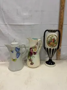 Antique Porcelain Vase & Pitcher Trio – Rococo Scene, Floral Jug, Butterfly Pot – Handpainted