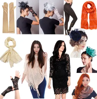 Women's Silk Scarf, Pyjamas, Lace Gloves, & Bridal Headdress